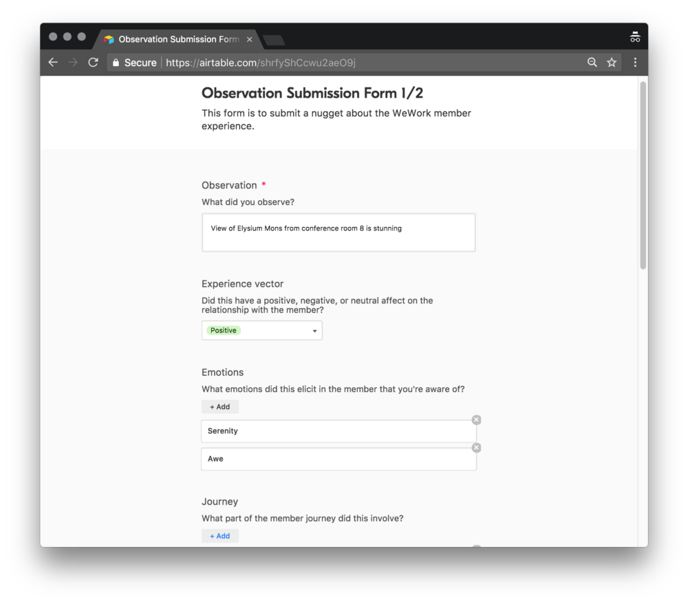 A form in Airtable that WeWork team members can use to submit research observations to Polaris. Each observation is then categorized according to an “experience vector,” an emotion, as well as where it occurred in the user journey.