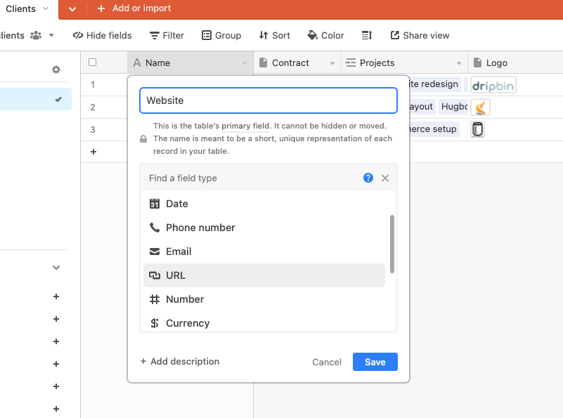 airtable change primary field