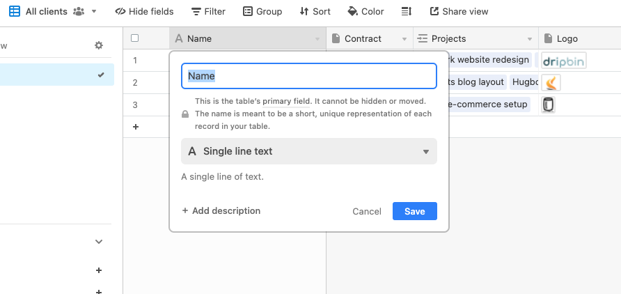 airtable change primary field