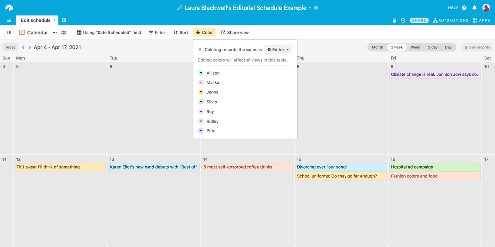 airtable calendar color